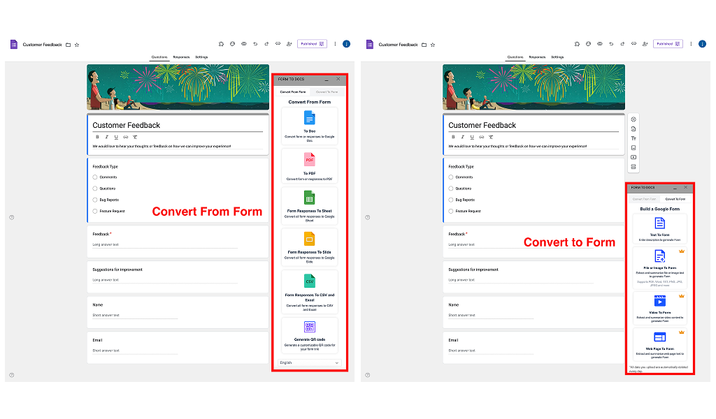 Google Forms से Doc - AI क्षमताओं के साथ दो-तरफ़ा रूपांतरण इंटरफ़ेस