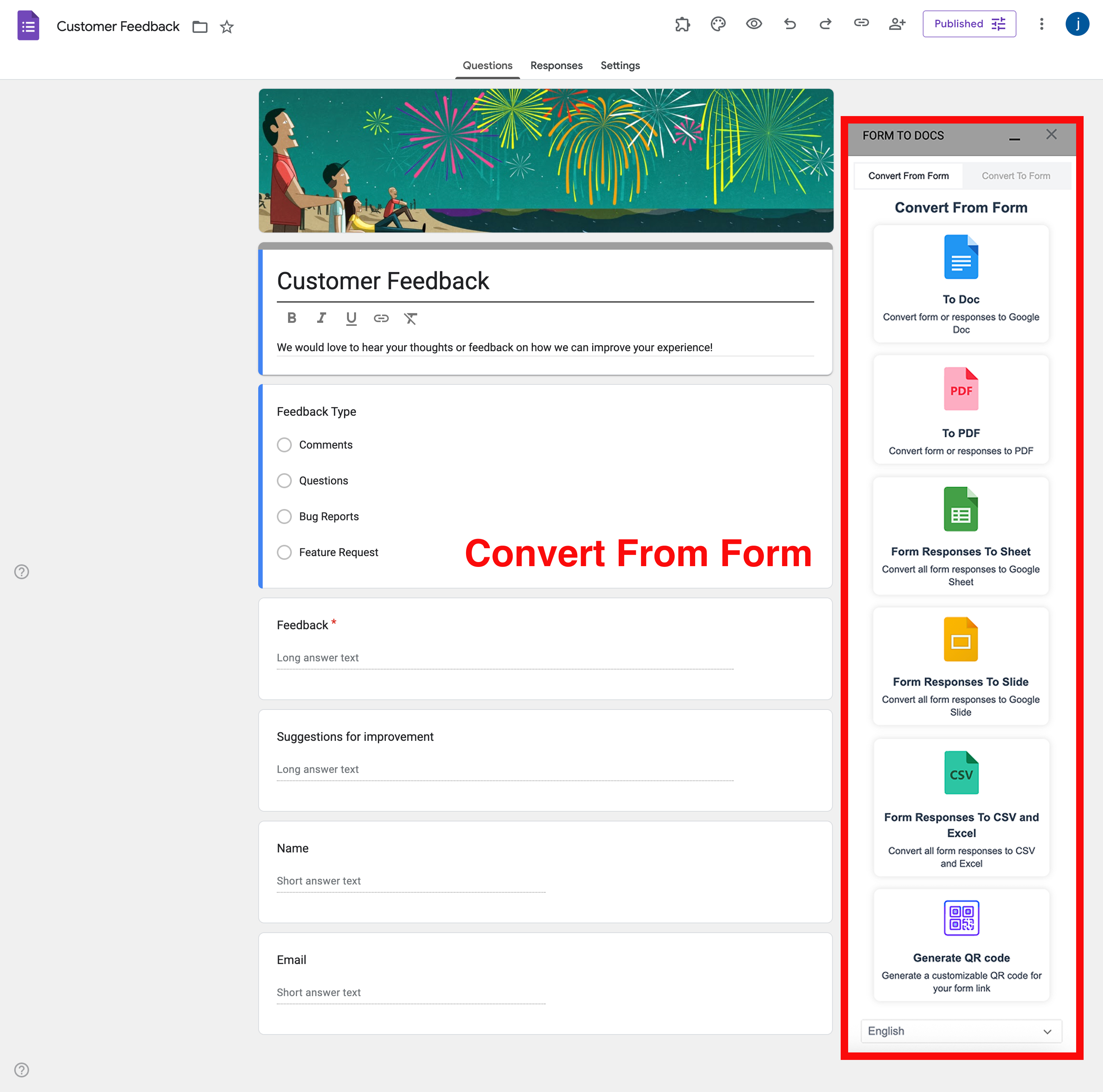 Google Forms से Doc - निर्यात विकल्प और रूपांतरण इंटरफ़ेस
