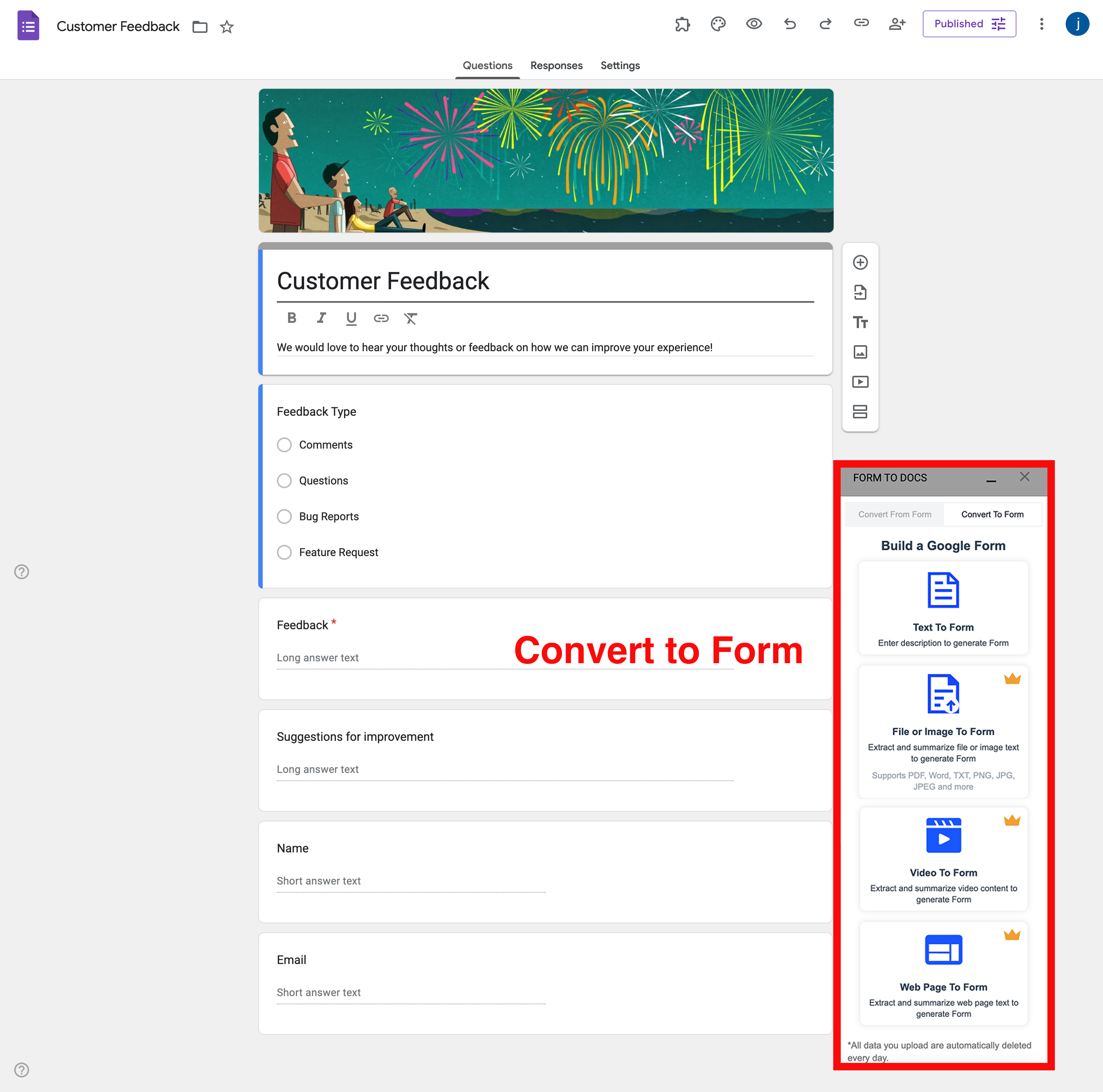Google Forms से Doc - AI-संचालित फॉर्म निर्माण इंटरफ़ेस