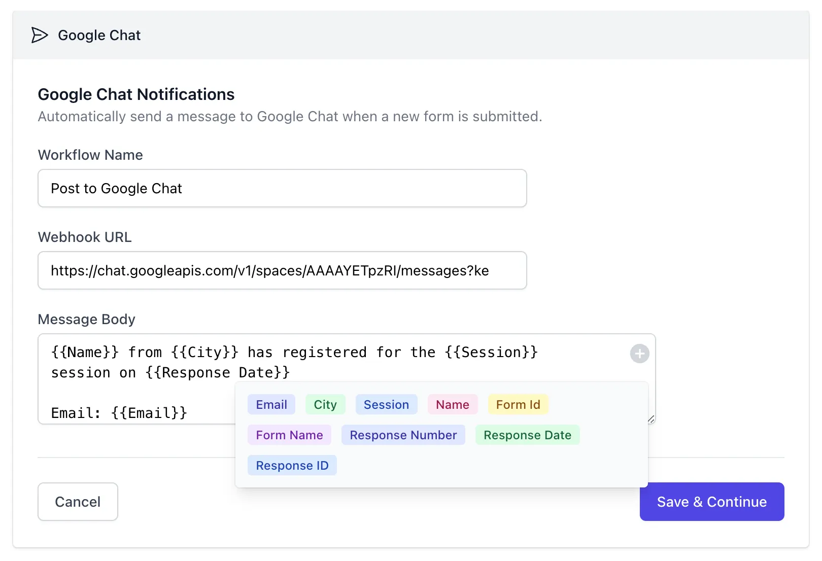 Connecter Google Chat avec le Formulaire